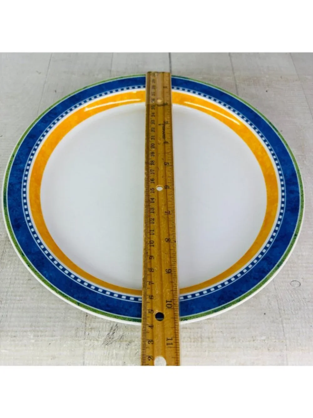 Dansk Bistro KOBENHAVN Blue Yellow Band Smooth Green Trim Dinner Plates Set of 4